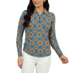 IBKUL Women's Adjustable Long Sleeve Zip Polo - Scarlet Print