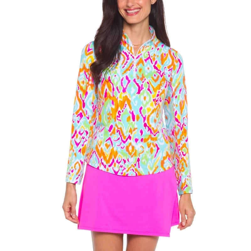 IBKUL Women's Zip Long Sleeve Mock Neck - Tillie Print